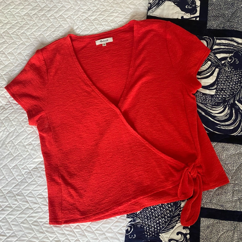 Madewell Linen-Blend Sash-Tie Wrap Top in Tomato Red